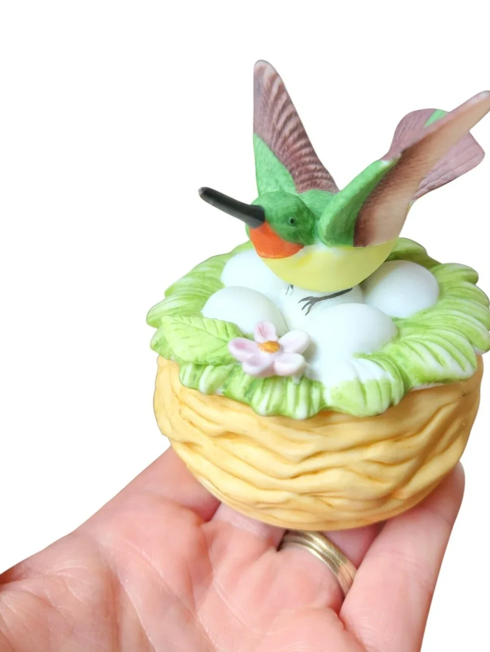 Vintage Lefton Hummingbird Trinket Box w/ Nest Figurine 3.5
